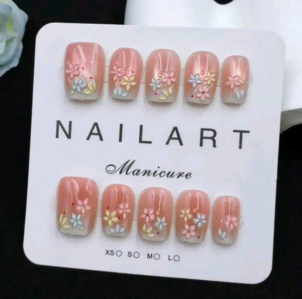 10 Pink Ombre Floral Press On Nails Short Square Reusable New Size Small